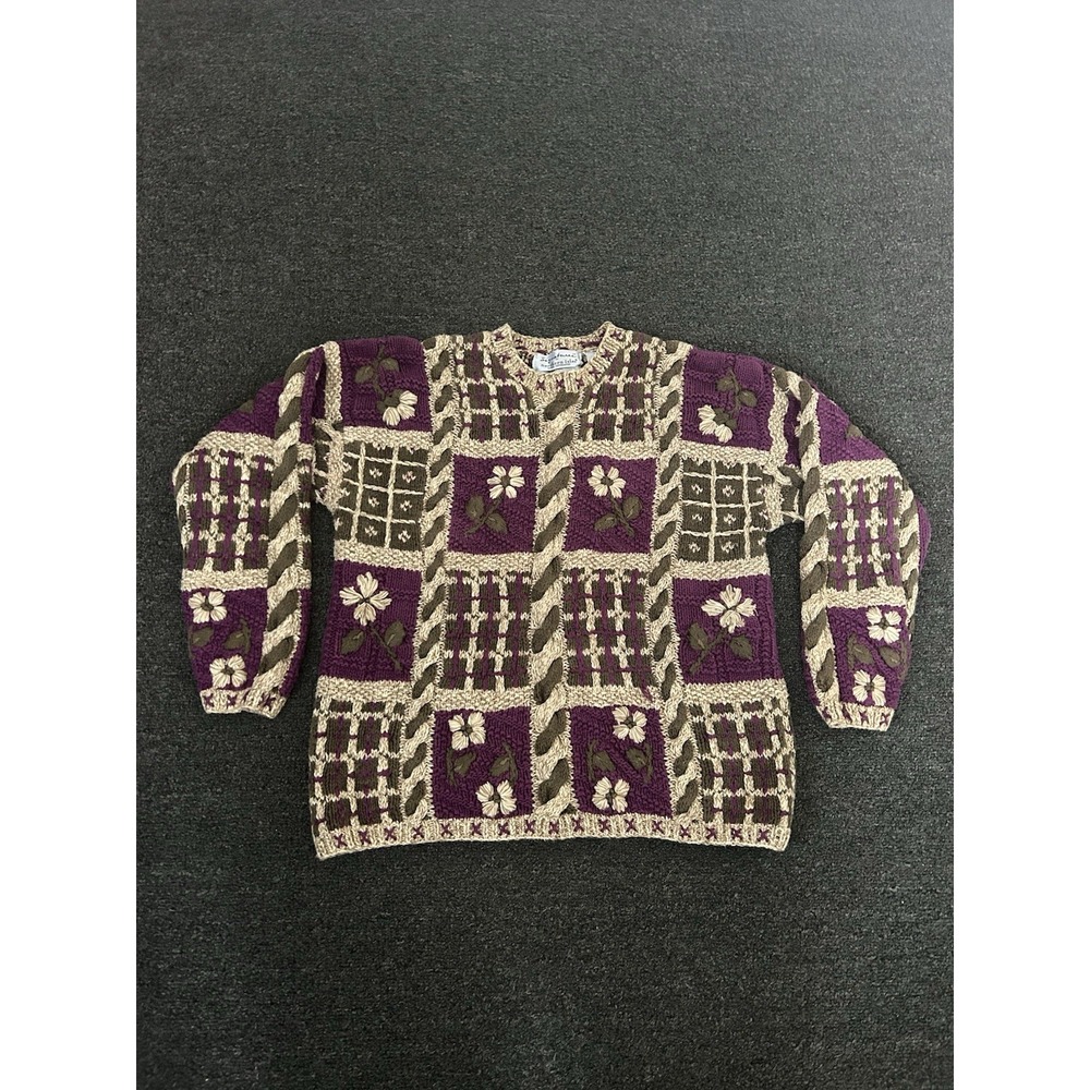 Vintage Signatures By Northern Isles Hand Knit Floral Sweater Womens Large Heavy